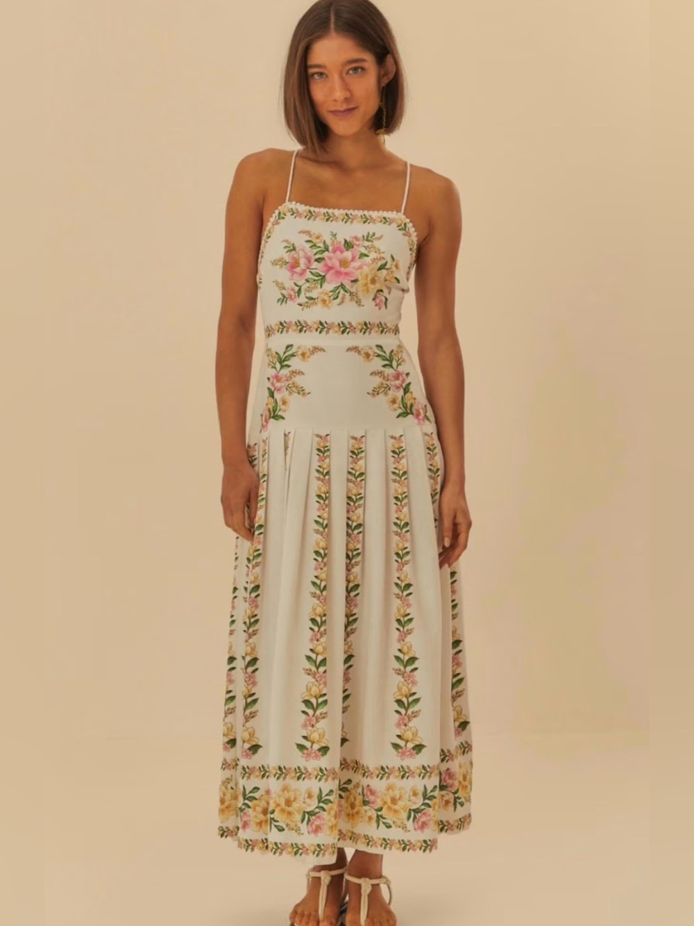 FARM Rio White Maxi Dress with Pink and Yellow Floral Embroidery